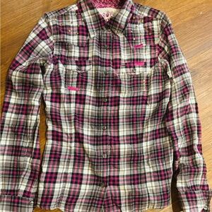 Mudd Flannel Plaid Pink White Button Up Checkered Plaid Top Large Junior 14